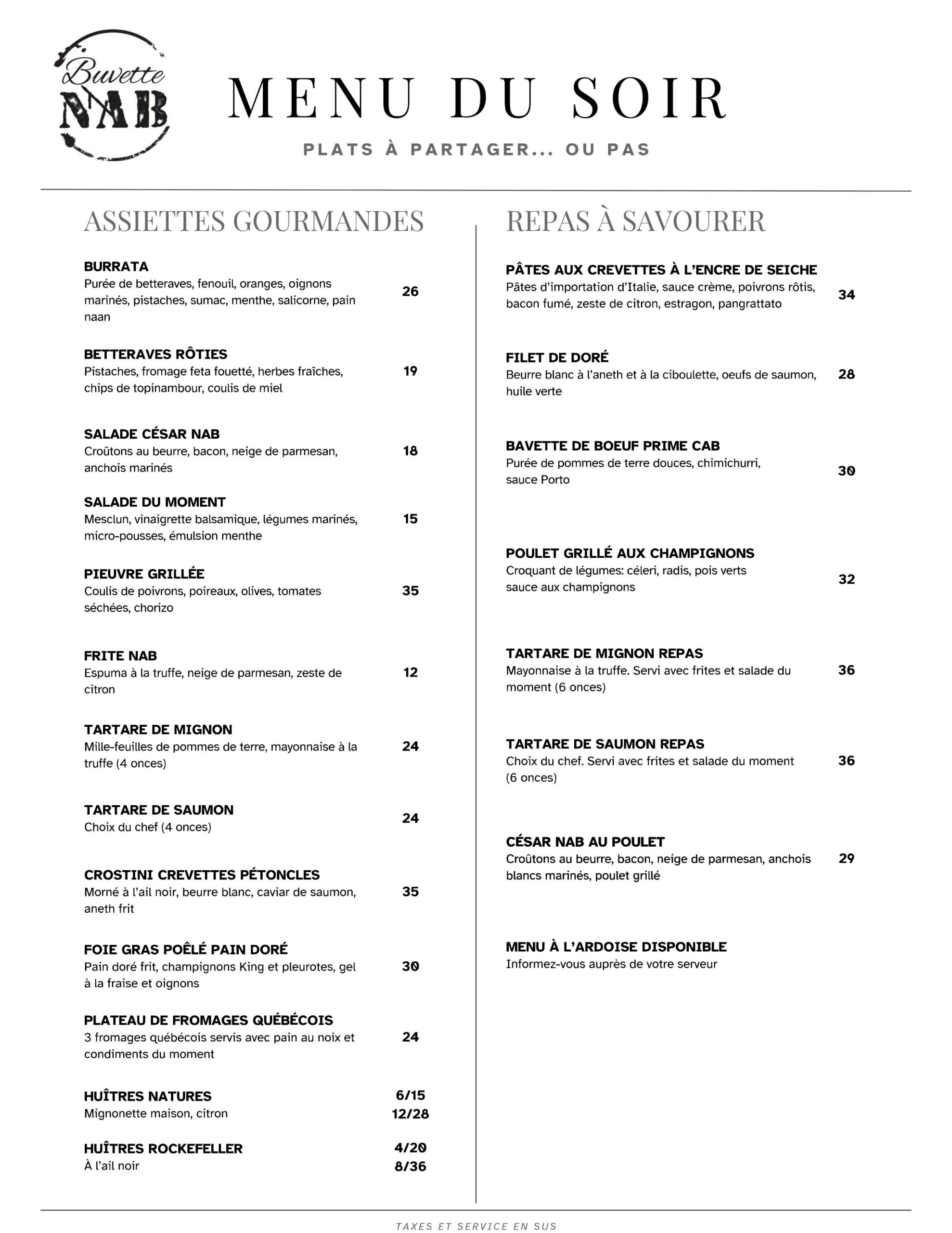 Menu du soir