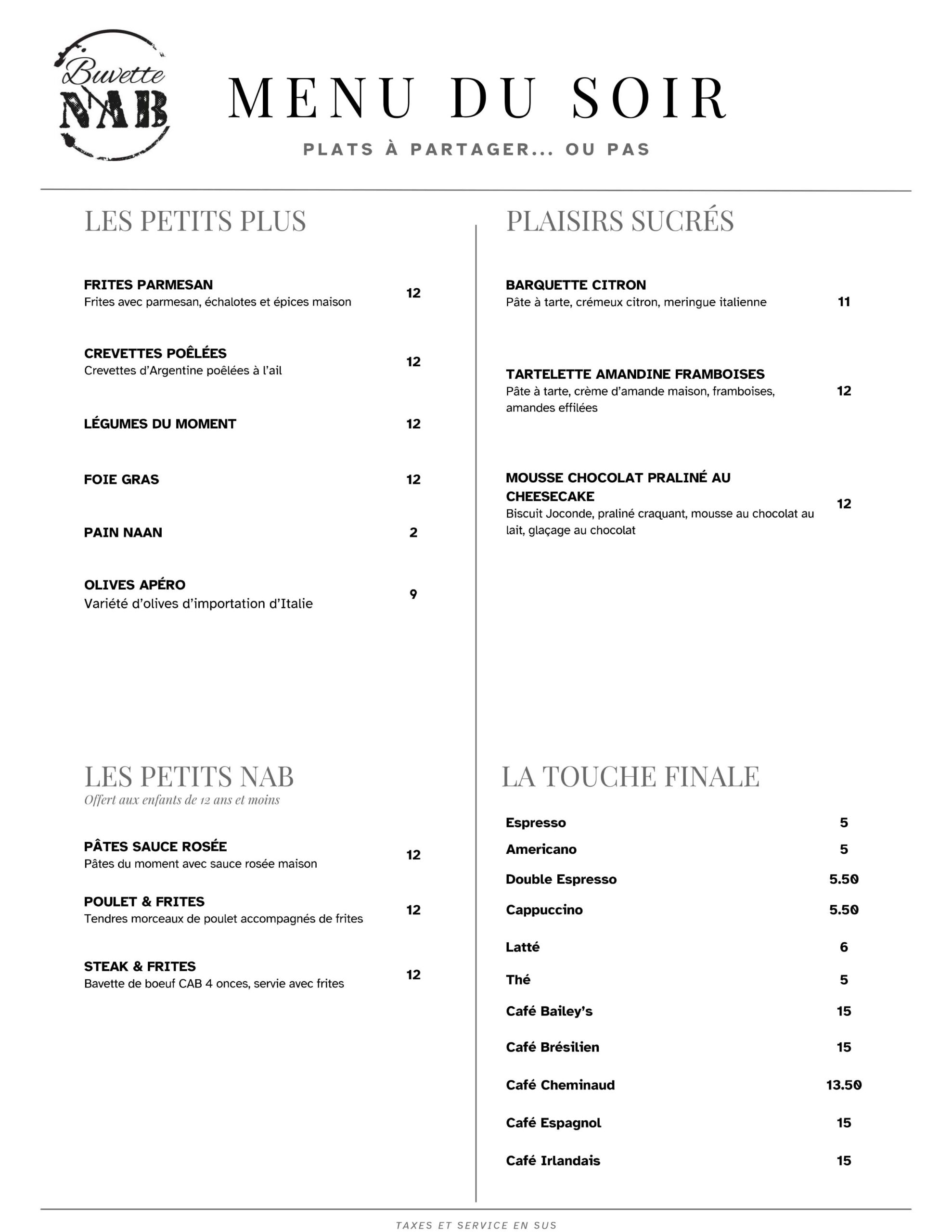 Menu du soir